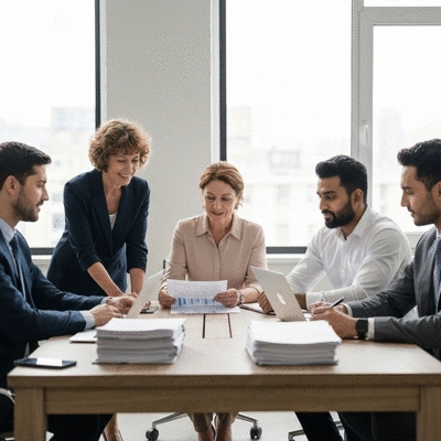 Team collaborating on compliance documents in a modern office