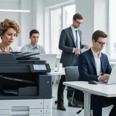 Modern office environment with a secure printer and people working in the background, illustrating compliance control in print security