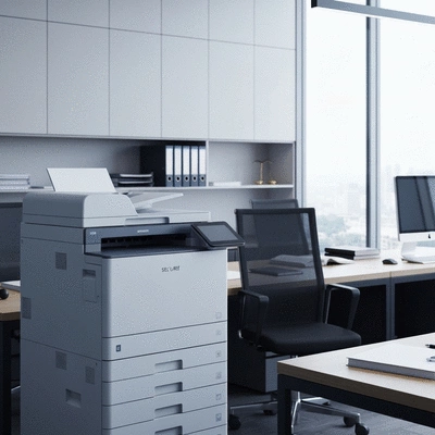 Modern law firm office with a secure printer and documents, no text, no words, no typography, 8K