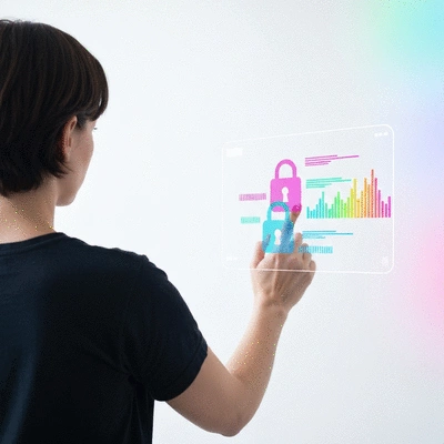 Person using a secure digital interface for access control, with locks and data flowing on screen