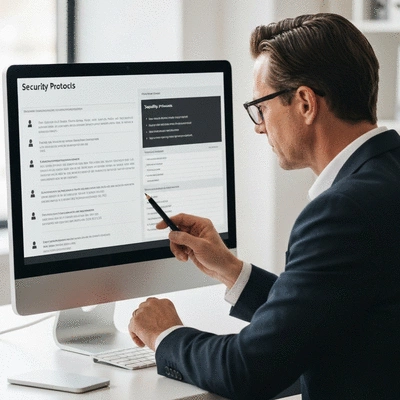 IT professional reviewing security protocols on a computer, emphasizing data protection