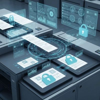 Futuristic office environment showing AI and blockchain integrated into secure printing, with secure data streams and digital lock icons. No text, no words, no typography, no labels, clean image.