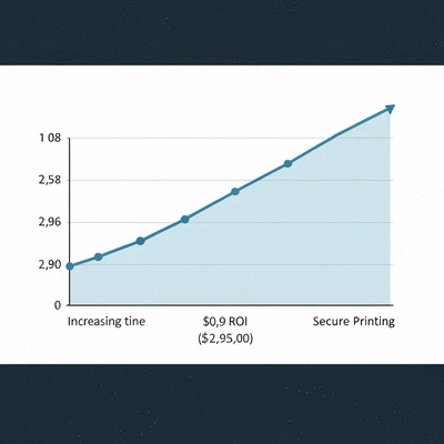 Line graph showing increasing ROI over time for secure printing investments, with a focus on cost savings and risk reduction, no text, no words, no typography, clean image