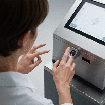 Close-up of a person's hands interacting with a secure print release station, focusing on authentication