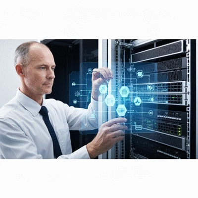 IT professional working on a server rack with a holographic overlay showing network security protocols and data flow, representing firmware integration into IT security frameworks, no text, no words, no typography, 8K, clean image