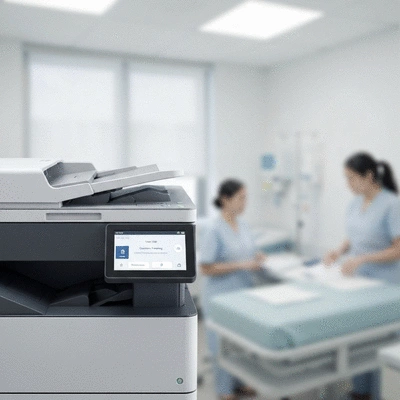 Modern printer with secure login screen, showing a healthcare setting in the background