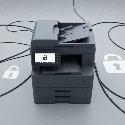 Modern office printer displaying a security alert on its screen, surrounded by network cables and a padlock icon, no text, no words, no typography, 8K, clean image