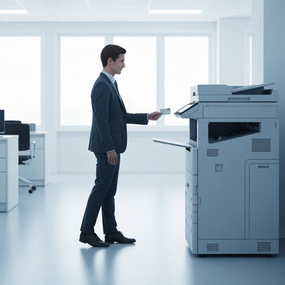 Person using a secure printer with an RFID card for authentication, clean modern office environment, focus on security and efficiency, no text, no words, no typography, 8K