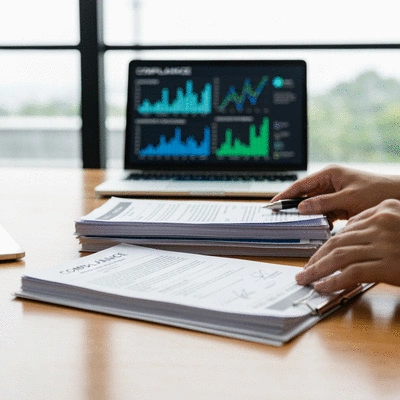 Close-up of hands organizing various compliance documents on a desk, with a laptop in the background showing data analysis