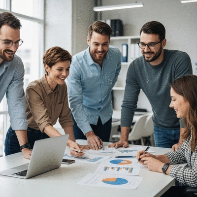 Team collaborating around a table with charts and laptops, representing implementation of audit findings, no text, no words, no typography, clean image