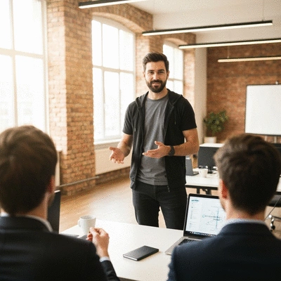 IT professional demonstrating print management software on a laptop