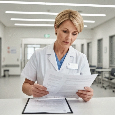 Healthcare professional reviewing printed documents with a focus on data privacy
