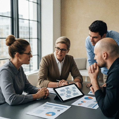 Professional team collaborating on print security strategy, clean image, no text, no words, no typography