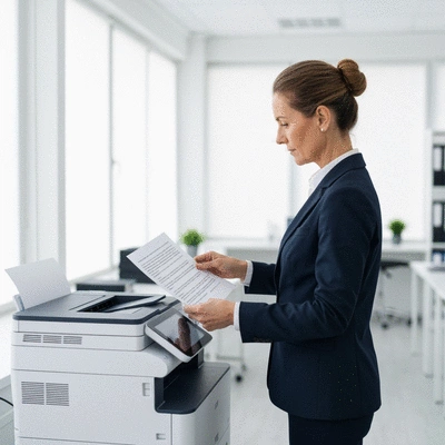 Modern office worker securely handling documents at a printer, clean image, no text, no words, no typography