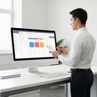 Professional demonstrating secure printing software on a computer