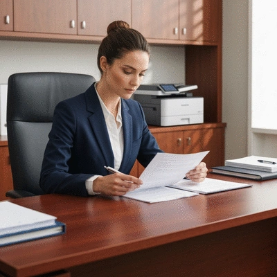 Lawyer reviewing documents with a secure printing system in the background, no text, no words, no typography, 8K