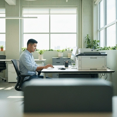 Modern office worker using a printer with a secure print management system, clean image