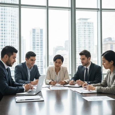 Business professionals discussing print strategy in a modern office, clean image