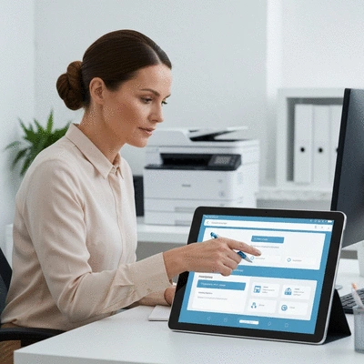 Modern office worker securing an IoT printer, with a focus on a tablet showing security settings overlayed on a printer in the background