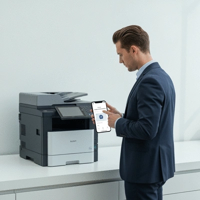 Professional demonstrating secure document release on a modern network printer using a mobile app, clean office background, focus on user-friendly technology, no text, no words, no typography, 8K