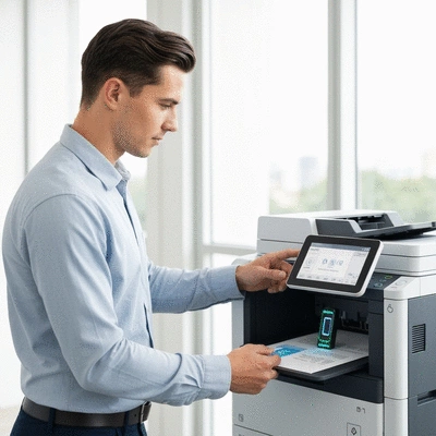 Professional demonstrating secure printing on a modern office printer, with a focus on data security and compliance, no text, no words, no typography, clean image