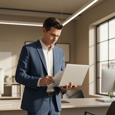 Professional looking over documents with a laptop in a modern office, representing a secure print environment audit, no text, no words, no typography, clean image
