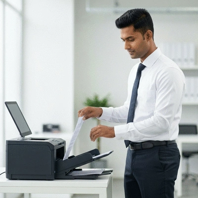Modern office worker ensuring secure document printing, focusing on data privacy and compliance. No text, no words, no typography, no labels, clean image.