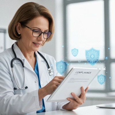 Healthcare professional reviewing compliance documents on a tablet, with secure data icons floating around